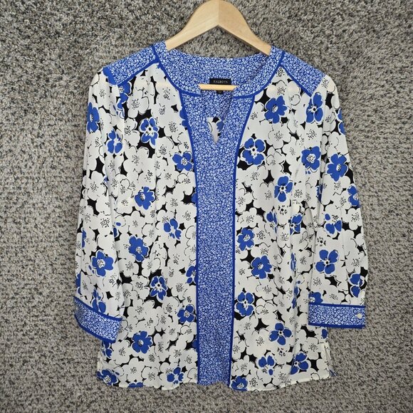 Talbots Top Womens Small Blue Floral Print Semi Sheer V‎ Neck Blouse Casual - Picture 1 of 7